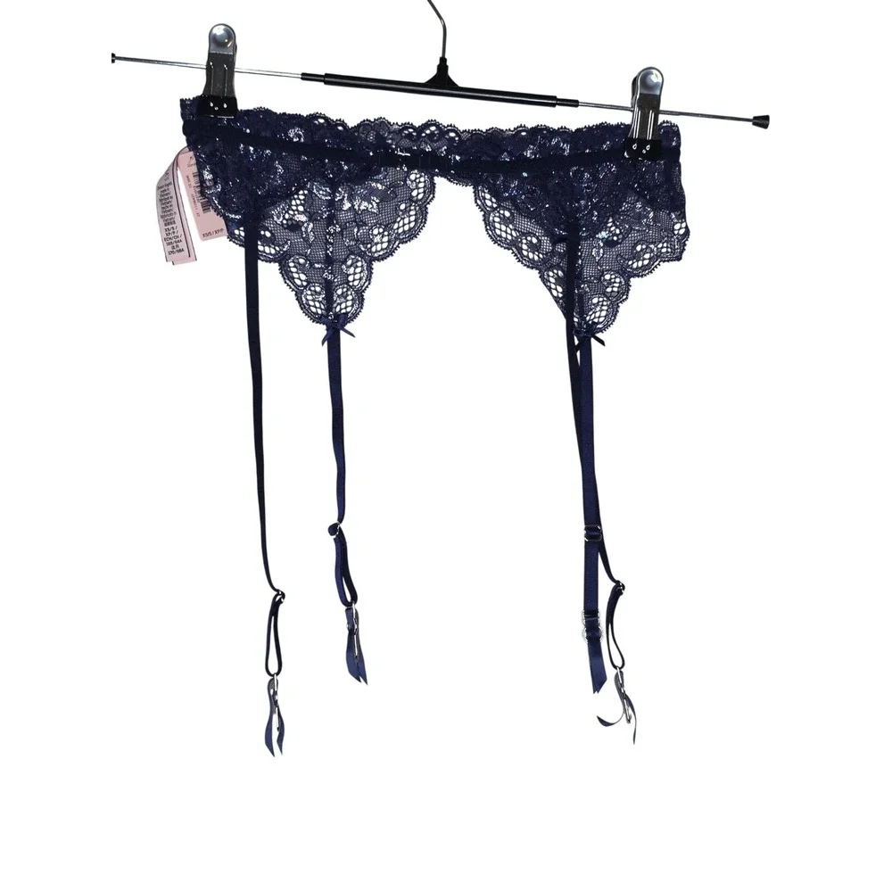 Victoria's Secret‎ NWT Dream Angels Navy Silver Metallic Lace Garter  Belt XS/S